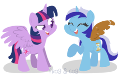 Size: 1500x942 | Tagged: safe, artist:frog&cog, minuette, twilight sparkle, alicorn, pony, unicorn, amending fences, g4, cardboard, cardboard wings, cutie mark, duo, eyes closed, fake wings, female, hooves, horn, lineless, mare, open mouth, simple background, spread wings, tape, teeth, transparent background, twilight sparkle (alicorn), wings