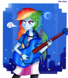 Size: 936x1080 | Tagged: safe, artist:lelka-philka, rainbow dash, firefly (insect), equestria girls, g4, my little pony equestria girls: rainbow rocks, city, clothes, compression shorts, female, guitar, moon, night sky, skirt, solo