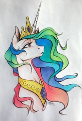 Size: 2340x3462 | Tagged: safe, artist:drawerfun, princess celestia, g4, bust, colored, female, high res, photo, solo, traditional art, windswept mane