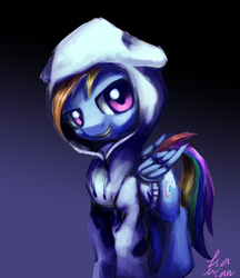 Size: 3793x4400 | Tagged: safe, artist:jiamian, rainbow dash, pegasus, pony, g4, absurd resolution, clothes, female, grin, hoodie, signature, simple background, solo