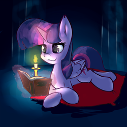 Size: 1500x1500 | Tagged: safe, artist:whazzam95, twilight sparkle, alicorn, pony, g4, candle, female, mare, pillow, prone, reading, solo, speedpaint, twilight sparkle (alicorn)