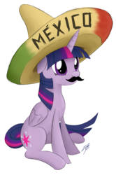 Size: 875x1320 | Tagged: safe, artist:bojo, twilight sparkle, alicorn, pony, g4, cute, cutie mark, facial hair, female, floppy ears, hat, hooves, horn, mare, mexico, moustache, simple background, sitting, solo, sombrero, transparent background, twilight sparkle (alicorn), wings