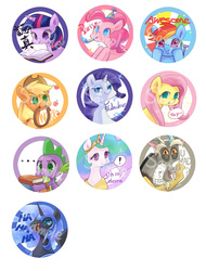 Size: 700x920 | Tagged: safe, artist:amy30535, applejack, discord, fluttershy, nightmare moon, pinkie pie, princess celestia, rainbow dash, rarity, spike, twilight sparkle, g4, badge, chinese, mane seven, mane six