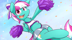 Size: 1920x1080 | Tagged: safe, artist:dshou, spring step, sunlight spring, pegasus, pony, g4, belly button, bipedal, bow, cheerleader, chest fluff, clothes, confetti, female, hair bow, looking at you, midriff, pom pom, smiling, solo, sports bra, sports skirt, wallpaper