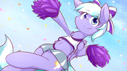 Size: 1920x1080 | Tagged: safe, artist:dshou, lilac sky, pegasus, pony, g4, belly button, bipedal, bow, cheerleader, chest fluff, clothes, confetti, female, hair bow, looking at you, mare, midriff, pom pom, smiling, solo, sports bra, sports skirt, wallpaper