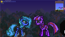 Size: 1908x1080 | Tagged: safe, artist:boulderbash, princess luna, twilight sparkle, pony, unicorn, g4, game screencap, pixel art, s1 luna, terraria, unicorn twilight