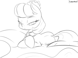 Size: 800x600 | Tagged: safe, artist:[redacted], coco pommel, earth pony, pony, g4, bed, bedroom eyes, butt, female, mare, monochrome, pillow, plot, solo