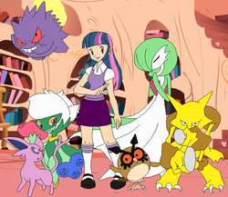 Size: 697x604 | Tagged: safe, artist:selenaede, twilight sparkle, alakazam, espeon, gardevoir, gengar, hoothoot, human, roserade, g4, clothes, crossover, humanized, pokémon, skirt