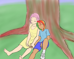 Size: 1068x858 | Tagged: safe, artist:eve-ashgrove, fluttershy, rainbow dash, human, g4, barefoot, clothes, colored, dress, feet, female, holding hands, humanized, lesbian, ship:flutterdash, shipping, sleeping, sleeping together, tree