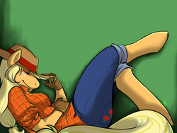 Size: 1280x960 | Tagged: safe, artist:collaredginger, applejack, earth pony, anthro, unguligrade anthro, g4, clothes, female, jeans, reclining, sleeping, solo