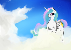 Size: 1440x1008 | Tagged: safe, artist:greyscaleart, princess celestia, alicorn, pony, g4, cloud, cloudy, female, sky, solo