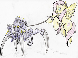 Size: 1280x958 | Tagged: safe, artist:vohelart, fluttershy, pegasus, pony, g4, chryssalid, crossover, duo, leash, traditional art, x-com