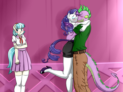 Size: 1200x898 | Tagged: safe, artist:pia-sama, coco pommel, rarity, spike, dragon, earth pony, unicorn, anthro, plantigrade anthro, g4, awkward, blushing, clothes, embarrassed, embrace, eyes closed, feet, female, high heels, holding, implied sparico, intimate, kiss on the lips, kissing, looking away, male, mare, older, older spike, open-toed shoes, ship:sparity, shipping, shoes, skirt, socks, straight, thigh highs, third wheel, toes, trio
