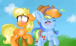 Size: 512x307 | Tagged: safe, artist:candymineturtle123, applejack, rainbow dash, g4, 3ds, embarrassed, palette swap