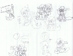 Size: 1615x1240 | Tagged: safe, artist:laptopbrony, oc, oc only, oc:cecil, oc:darcy sinclair, oc:julius, oc:rob the cloud, coffee, coffee iv, cookie, cuddling, cute, doodle, energy drink, monochrome, nom, pencil drawing, snuggling, traditional art