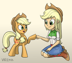 Size: 1029x910 | Tagged: safe, artist:varemia, applejack, human, equestria girls, g4, boots, clothes, cowboy boots, cowboy hat, denim skirt, freckles, hat, hoofbump, human ponidox, kneeling, open mouth, shoes, signature, skirt, smiling, square crossover, stetson