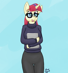 Size: 1599x1737 | Tagged: safe, artist:short circuit, moondancer, unicorn, anthro, amending fences, g4, book, clothes, sweater, twibrow
