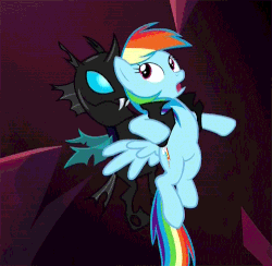 Size: 500x487 | Tagged: safe, screencap, rainbow dash, changeling, do princesses dream of magic sheep, g4, animated, eyes closed, fangs, frown, open mouth, out of context, restrained, smirk, spread wings