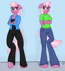 Size: 1501x1645 | Tagged: safe, artist:short circuit, idw, cheerilee, cherry blossom (g4), earth pony, anthro, unguligrade anthro, g4, angry, breasts, busty cheerilee, cleavage, clothes, crossed arms, female, pants, shirt, sisters, t-shirt, twins