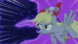 Size: 640x360 | Tagged: safe, screencap, derpy hooves, spike, tantabus, dragon, pegasus, pony, do princesses dream of magic sheep, g4, beefspike, derpysaur, dragons riding ponies, epic derpy, female, flying, mare, riding, spike riding derpy