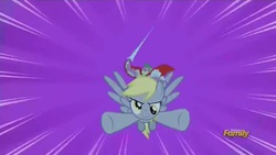 Size: 640x360 | Tagged: safe, screencap, derpy hooves, spike, dragon, pegasus, pony, do princesses dream of magic sheep, g4, beefspike, derpysaur, dragons riding ponies, epic derpy, female, flying, mare, riding, spike riding derpy
