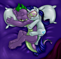 Size: 700x678 | Tagged: safe, artist:pia-sama, rarity, spike, dragon, pony, unicorn, g4, bed, butt, colored, cuddling, female, intertwined tails, male, mare, older, older spike, plot, ship:sparity, shipping, sleep mask, sleeping, spooning, straight