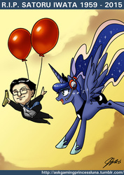 Size: 600x848 | Tagged: safe, artist:johnjoseco, princess luna, alicorn, human, pony, ask gaming princess luna, gamer luna, g4, balloon, balloon fight, banana, crying, female, flying, mare, nintendo, open mouth, rest in peace, satoru iwata, signature, smiling, spread wings