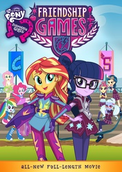 Size: 1528x2157 | Tagged: safe, fluttershy, indigo zap, pinkie pie, rainbow dash, sci-twi, sour sweet, sugarcoat, sunset shimmer, twilight sparkle, equestria girls, g4, my little pony equestria girls: friendship games, official, canterlot high, cover, crystal prep academy, crystal prep shadowbolts, dvd cover, equestria girls logo, poster, wondercolts