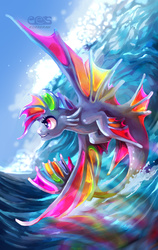 Size: 1211x1920 | Tagged: safe, artist:kozzdraw, part of a set, rainbow dash, merpony, pegasus, pony, sea pony, g4, digital art, female, fin wings, fins, fish tail, flying fish, mare, ocean, seaponified, sky, smiling, solo, species swap, surfing, tail, water, wave, wings