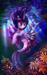 Size: 1211x1920 | Tagged: safe, artist:kozzdraw, part of a set, twilight sparkle, merpony, seahorse, g4, coral, crepuscular rays, female, seabed, solo, species swap, underwater