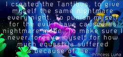 Size: 1420x665 | Tagged: safe, princess luna, tantabus, do princesses dream of magic sheep, g4, deep, feels, female, flower, giant flower, giant mushroom, glowing flower, glowing mushroom, latin, luna's dream, moon, mushroom, quote, sad, solo, strong, text, waterfall