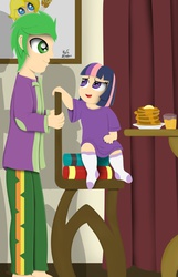 Size: 717x1114 | Tagged: safe, artist:the-crusader-network, spike, twilight sparkle, human, g4, age regression, humanized, pancakes