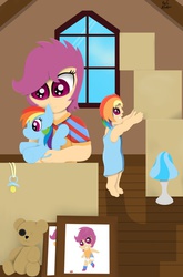 Size: 725x1101 | Tagged: safe, artist:the-crusader-network, rainbow dash, scootaloo, human, g4, age regression, attic, diaper, female, humanized, pacifier, plushie