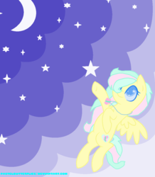 Size: 912x1048 | Tagged: safe, artist:pastelbutterflies, oc, oc only, oc:aqua heart, flying, night, offspring, parent:coco pommel, parent:fluttershy, parents:cocoshy, solo