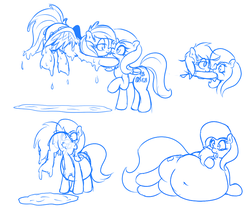 Size: 928x792 | Tagged: safe, artist:graphenescloset, fluttershy, rainbow dash, goo pony, original species, pegasus, pony, g4, belly, belly button, butt, fat, fat fetish, fattershy, feeding, female, fetish, flutterpred, force feeding, mare, monochrome, obese, plot, preydash, tail, tail sticking out, vore, willing vore