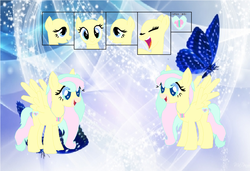 Size: 1024x700 | Tagged: source needed, safe, artist:pastelbutterflies, oc, oc only, oc:aqua heart, butterfly, pegasus, pony, aqua heart, pegasus oc, reference sheet, smiling, solo, wallpaper