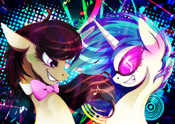 Size: 1920x1358 | Tagged: safe, artist:rariedash, dj pon-3, octavia melody, vinyl scratch, g4, grin, smiling, smirk