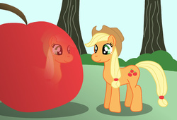 Size: 625x426 | Tagged: safe, artist:platinumdrop, applejack, g4, apple, female, reflection, solo, that pony sure does love apples