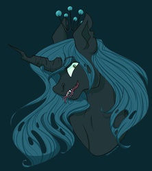 Size: 1000x1125 | Tagged: safe, artist:mythical-sarah, queen chrysalis, changeling, changeling queen, g4, crown, fangs, female, jewelry, looking at you, regalia, smiling, solo, tongue out