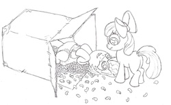 Size: 1300x800 | Tagged: safe, artist:datspaniard, apple bloom, babs seed, earth pony, pony, g4, butt, diaper, diaper fetish, female, filly, foal, monochrome, non-baby in diaper, package, packing peanuts, plot, poofy diaper