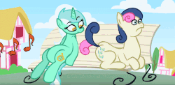 Size: 1275x622 | Tagged: safe, artist:brutamod, bon bon, lyra heartstrings, sweetie drops, earth pony, pony, unicorn, g4, all twerk and obey, animated, ass brutalewd, bon butt, butt, butt shake, confused, female, grotesque source, lesbian, looking at butt, mare, music, music notes, parody, plot, questionable source, ship:lyrabon, shipping, twerking, youtube link