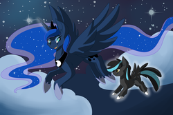 Size: 3000x2000 | Tagged: safe, artist:archinator, princess luna, oc, oc:magpie, children of the night, g4, cloud, flying, high res, stars