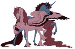 Size: 1755x1153 | Tagged: safe, artist:vanycat, oc, oc only, oc:kerberos, oc:tinebra, pegasus, pony, unicorn, female, male, mare, realistic, stallion