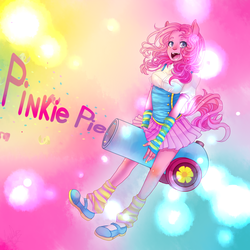 Size: 2000x2000 | Tagged: safe, artist:comico-sam, pinkie pie, human, g4, eared humanization, female, high res, humanized, party cannon, pony coloring, solo, tailed humanization