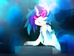 Size: 1500x1132 | Tagged: safe, artist:comico-sam, dj pon-3, vinyl scratch, g4, female, solo, turntable