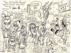 Size: 720x535 | Tagged: safe, adagio dazzle, aria blaze, discord, lord tirek, queen chrysalis, sonata dusk, starlight glimmer, trixie, equestria girls, g4, antagonist, el chapo, mexico, monochrome, spanish, the dazzlings, traditional art, translated in the comments