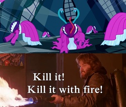 Size: 640x542 | Tagged: safe, screencap, human, nightmare dress monster, do princesses dream of magic sheep, g4, clothes, dress, flamethrower, john carpenter's the thing, kill it with fire, living clothes, macready, meme, movie, r.j. macready, the thing, weapon