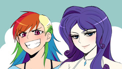 Size: 1920x1080 | Tagged: safe, artist:reef1600, rainbow dash, rarity, human, g4, grin, humanized, pixiv