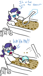 Size: 838x1494 | Tagged: safe, artist:jargon scott, coco pommel, rarity, earth pony, pony, unicorn, g4, 2 panel comic, bath, bathtub, cereal, chocolate syrup, cocoa puffs, comic, dialogue, glasses, magic, pun, shipping denied, spoon, startled, sunglasses, telekinesis, vine video, wahaha