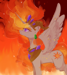 Size: 1200x1336 | Tagged: safe, artist:kkmrarar, nightmare star, princess celestia, alicorn, pony, g4, female, fire, frown, lidded eyes, mane of fire, mare, solo, sparkles, spread wings, wings